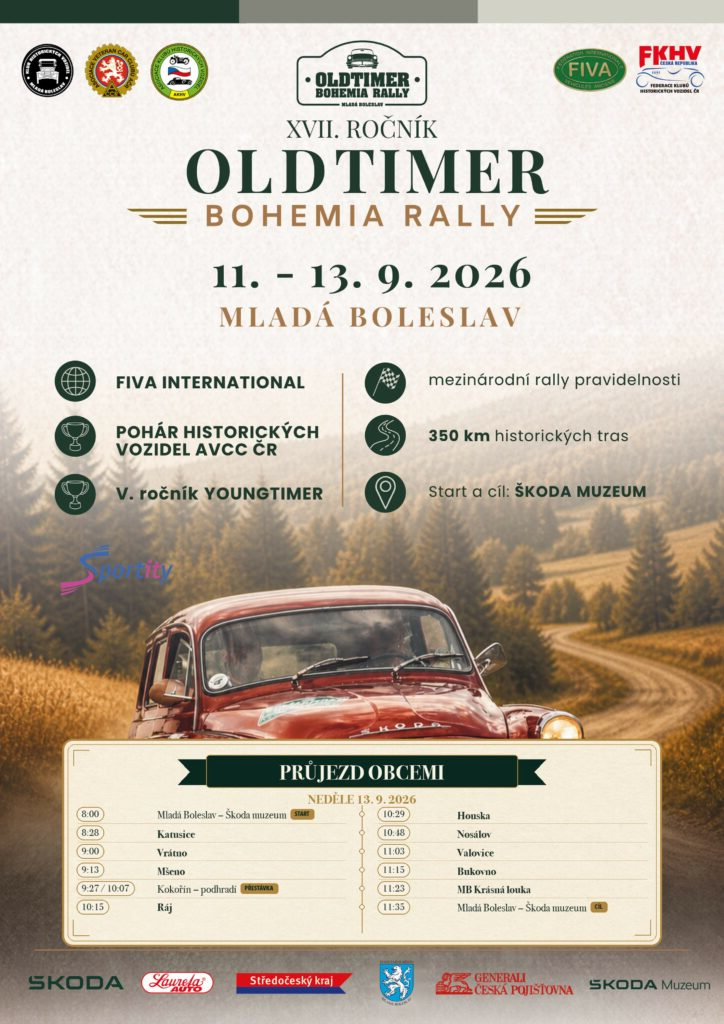 Nedělní plakát s časy průjezdů Oldtimer Bohemia Rally 2026