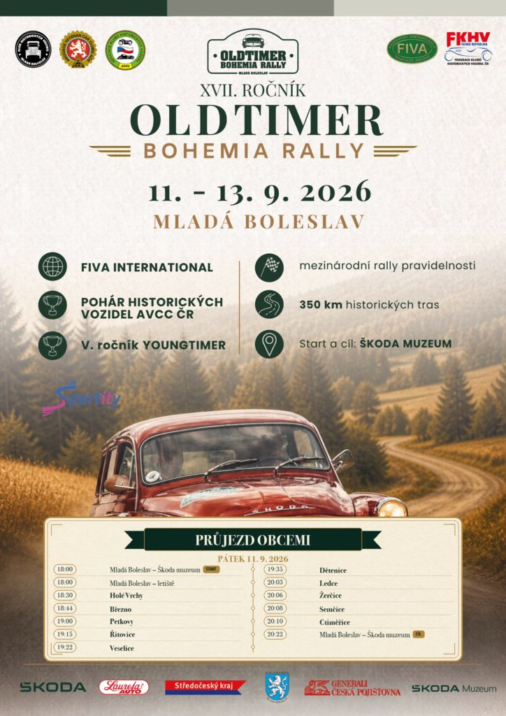 Plakát s pátečními časy průjezdů Oldtimer Bohemia Rally 2026