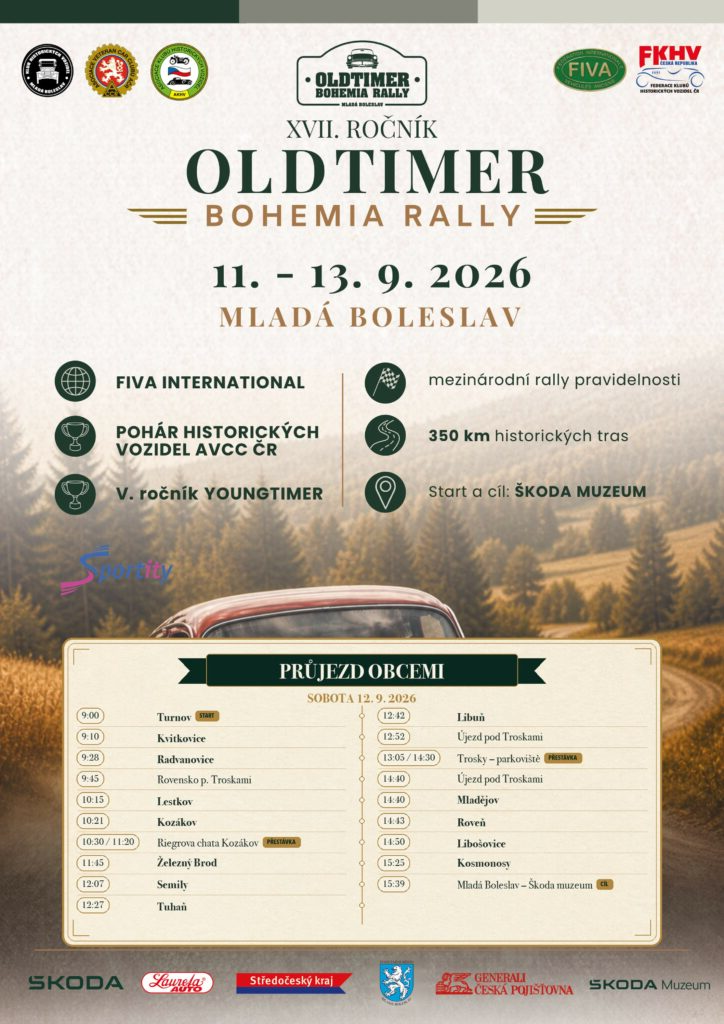 Sobotní plakát s časy průjezdů Oldtimer Bohemia Rally 2026